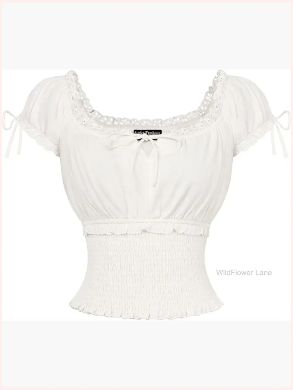 Square Neck Smocked Waist Peasant Blouse Short Sleeve - Picture 1 of 7